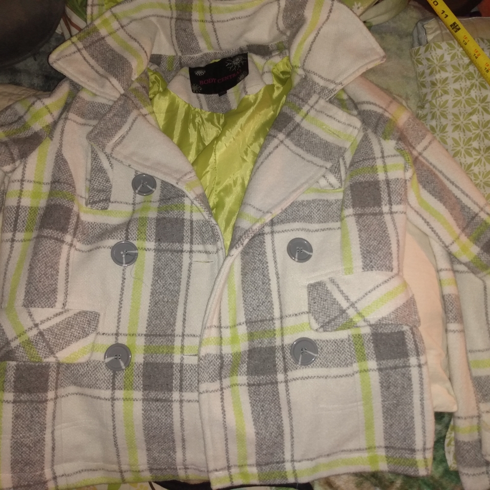 Rothschild Gray and Green Pea Coat with Plaid Design